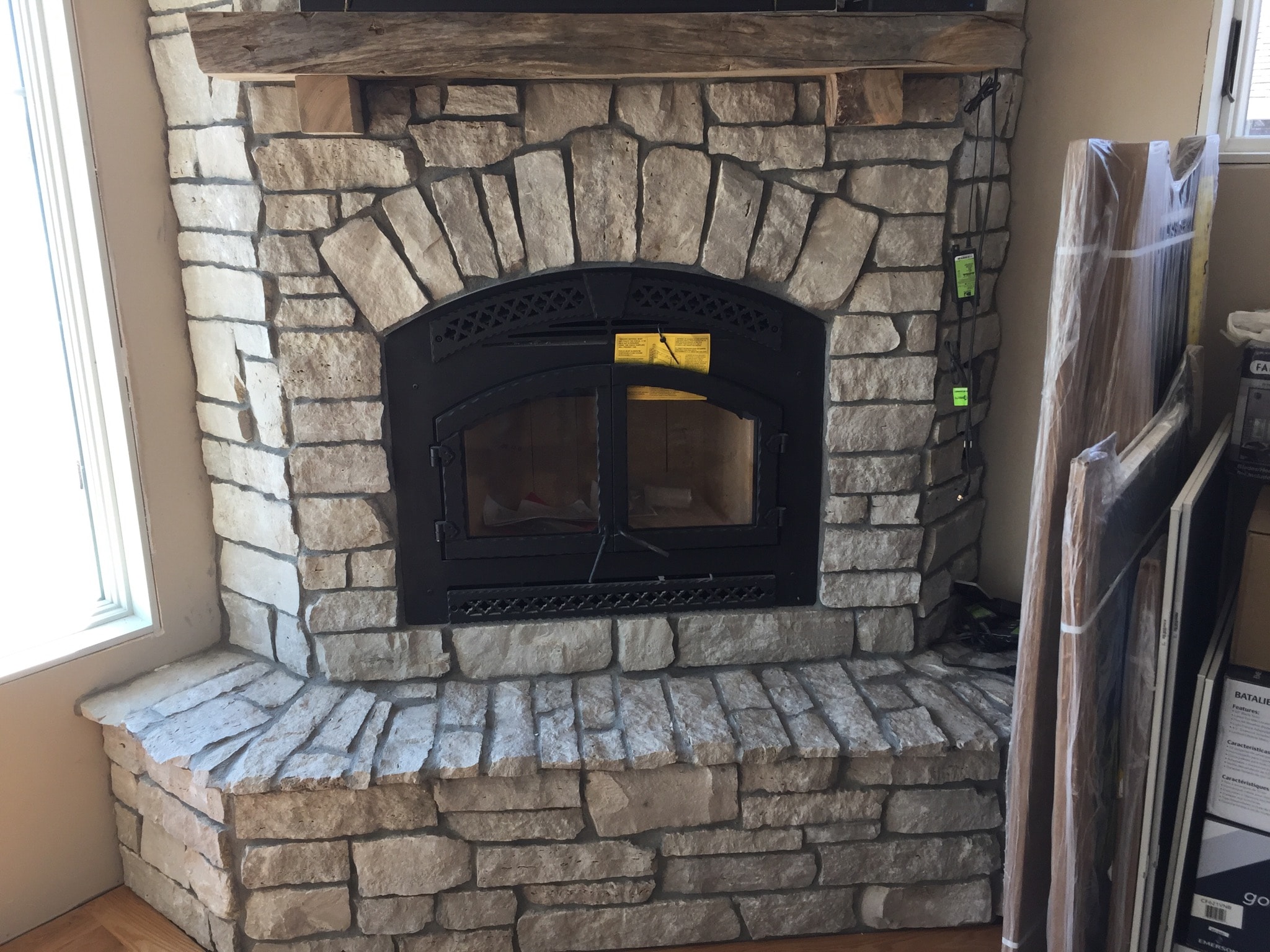 stone facing on fireplace